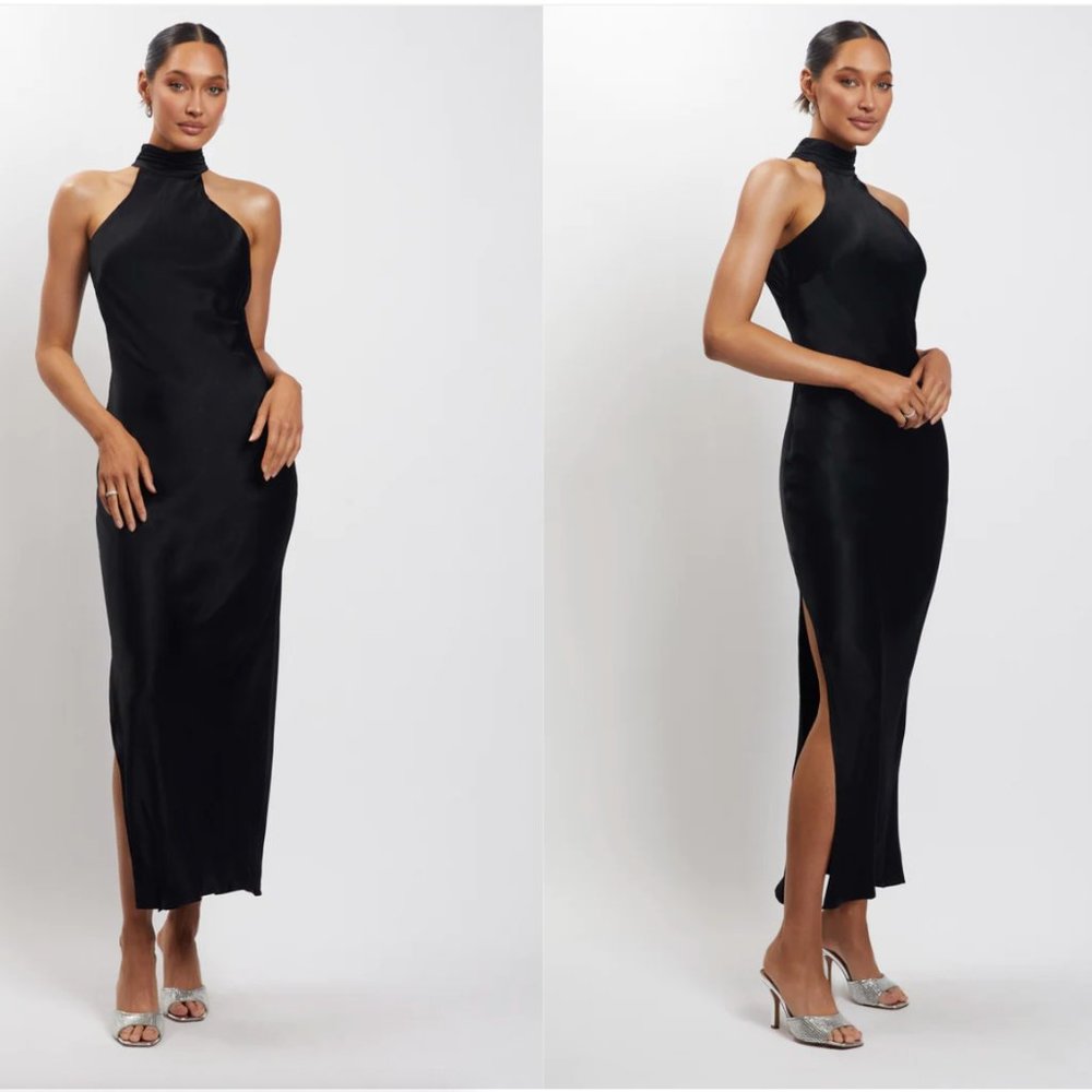 Meshki Black Claire Satin Drape Back Maxi Dress- size S